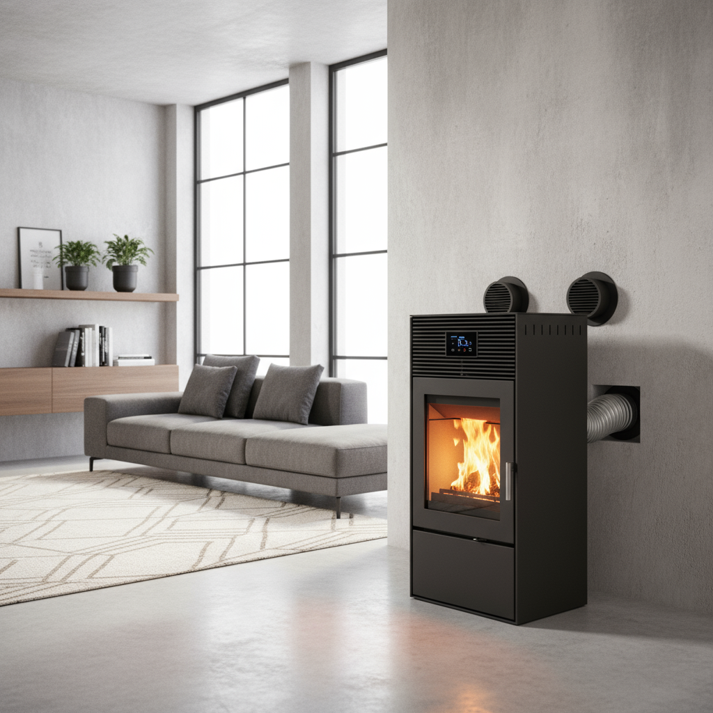 Estufa_10_kW_Canalizable.png Poêle à granulés 10 kW hydro avec raccordement chauffage central – 2 chambres – Image 1